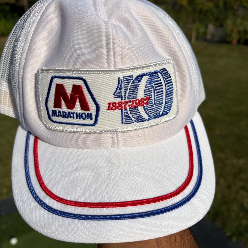 Marathon Gas 1987 Vintage 80s White Snapback Trucker Hat Cap OSFA Made in USA